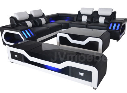 3pcs. Set Leather Sofa Couch Suite Corner Seat Upholstery + Table + TV-cabinet L-shape new